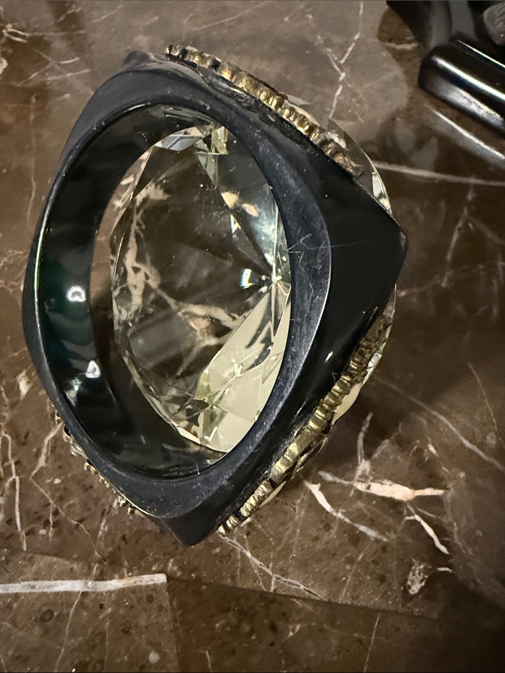 Men's Black Statement Resin Ring with Clear Crystal Accent